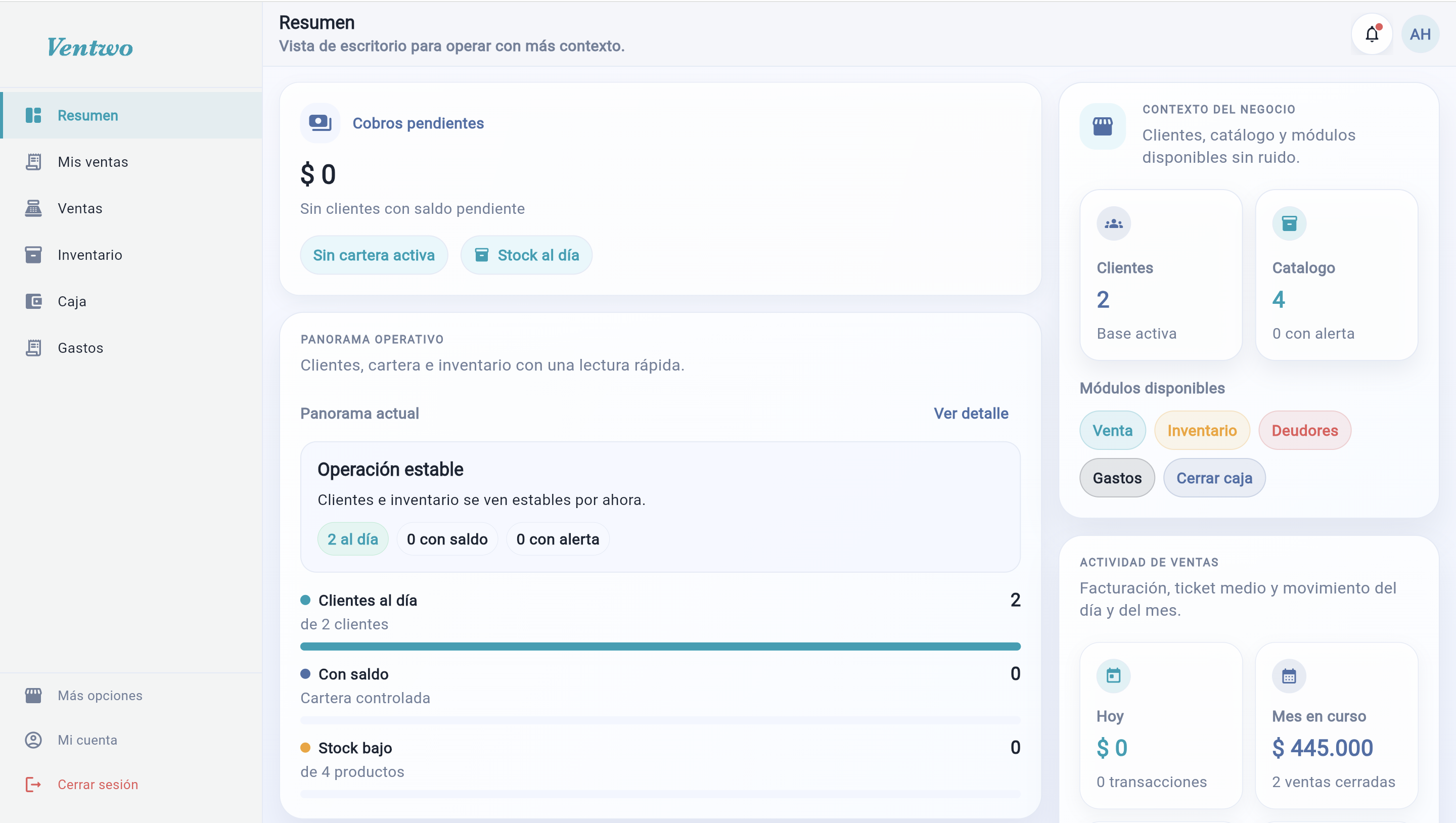 Pantalla home web de Ventwo